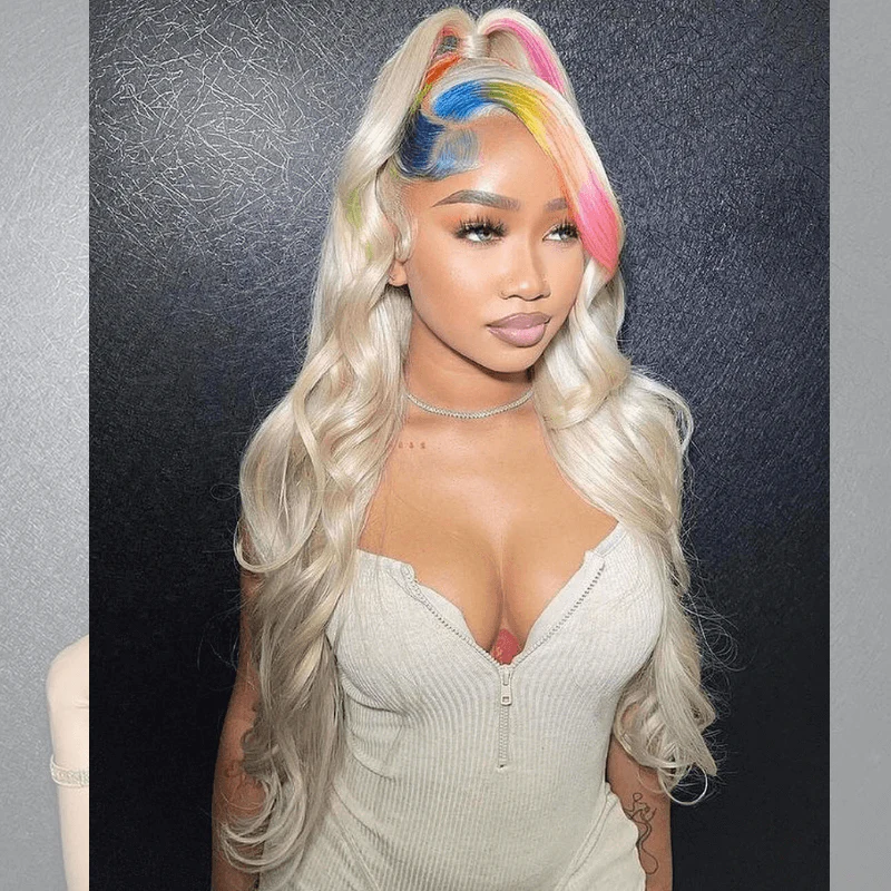 SZC Platinum Blonde With Green Blue Pink Yellow Multi Color Human Hair Wig - Image 3