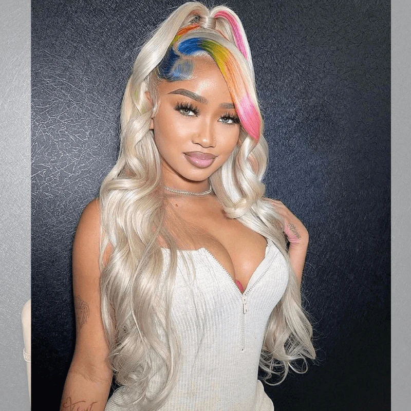 SZC Platinum Blonde With Green Blue Pink Yellow Multi Color Human Hair Wig - Image 4