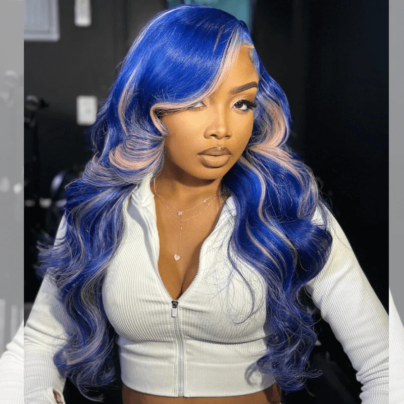 SZC 200 Density Blue Pink Highlights 13x4 Lace Front Virgin Human Hair Wig - Image 3