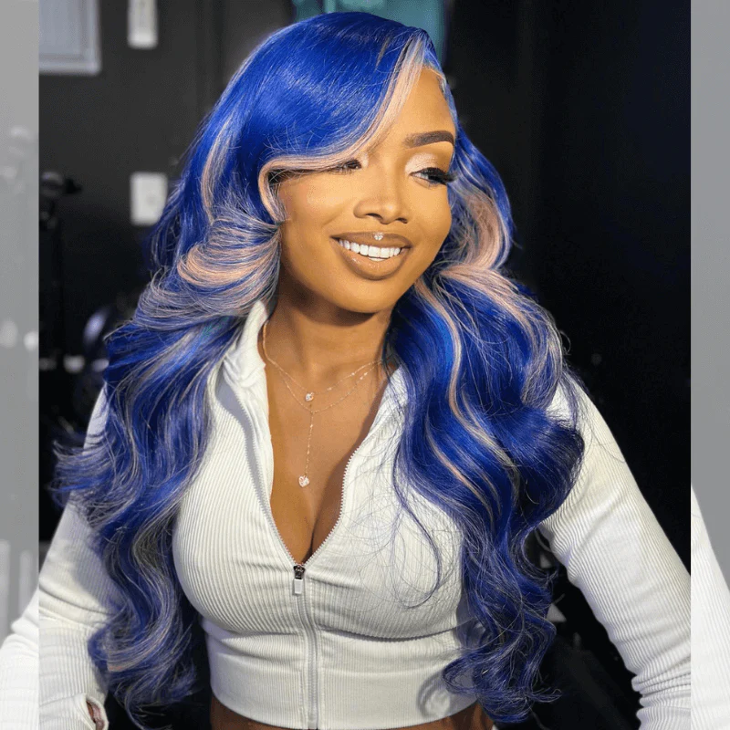 SZC 200 Density Blue Pink Highlights 13x4 Lace Front Virgin Human Hair Wig - Image 4