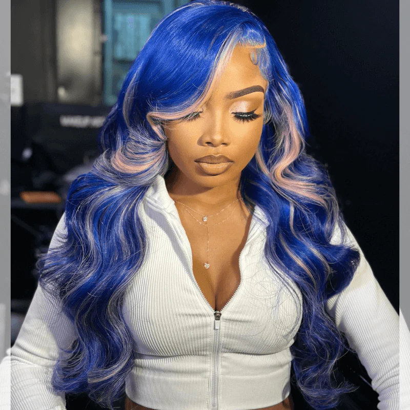 SZC 200 Density Blue Pink Highlights 13x4 Lace Front Virgin Human Hair Wig - Image 5