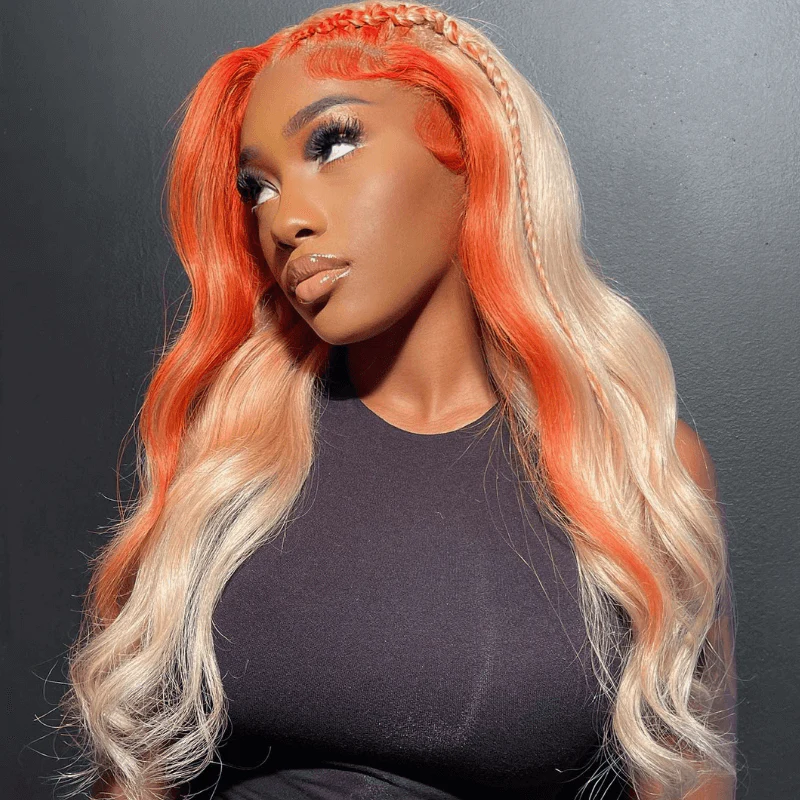 SZC 200 Density Ginger Orange Skunk Stripe 13x4 Lace Front Human Hair Wigs - Image 5