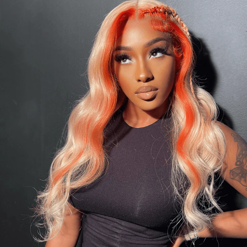 SZC 200 Density Ginger Orange Skunk Stripe 13x4 Lace Front Human Hair Wigs - Image 6