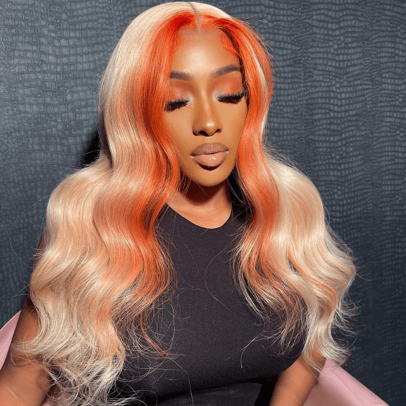SZC 200 Density Ginger Orange Skunk Stripe 13x4 Lace Front Human Hair Wigs - Image 7