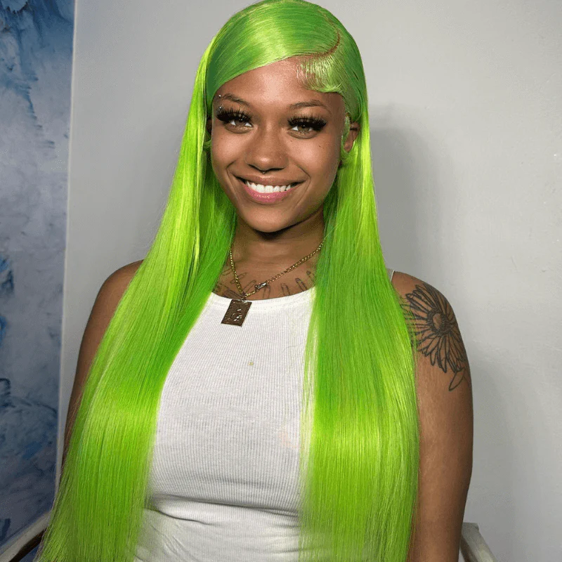 SZC 200 Density Green Color 13x4 Lace Front Straight Weave Human Hair Wig - Image 4