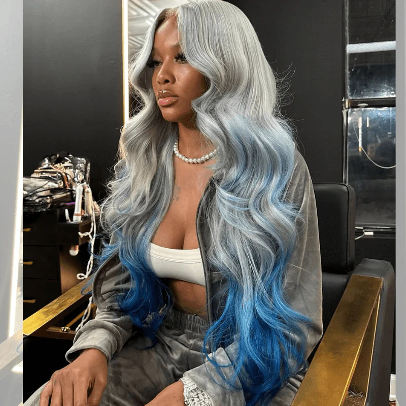 SZC 200 Density Ombre Gray Blue Colored 13x4 Lace Frontal Human Hair Wigs - Image 5