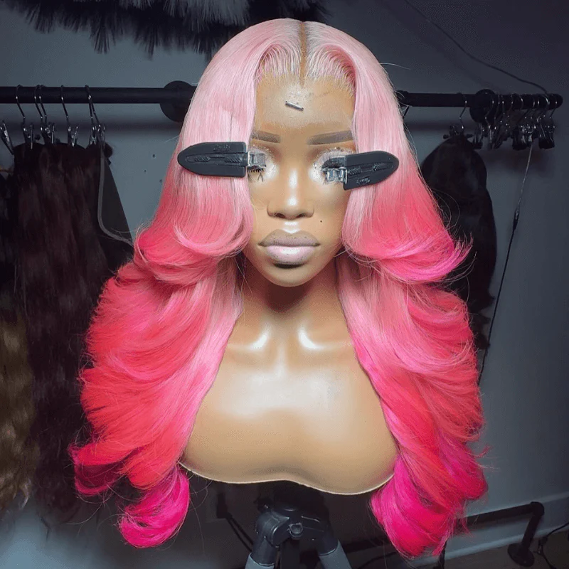 SZC 200 Density Ombre Peach Pink 13x4 Lace Front Body Wave Human Hair Wigs - Image 3