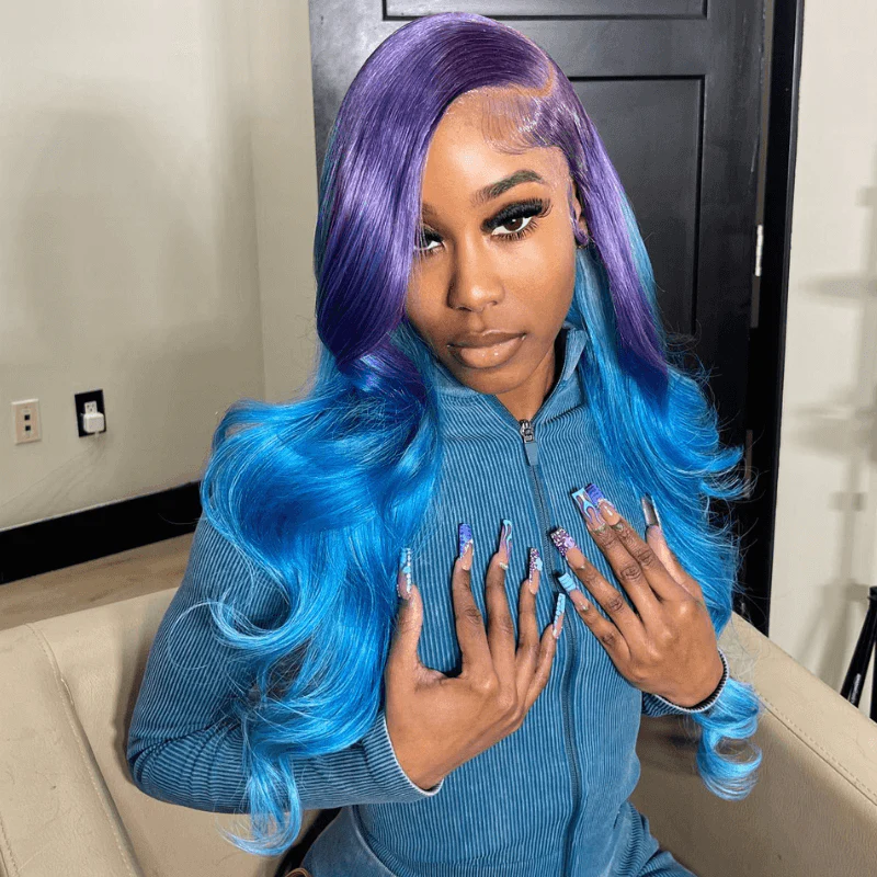 SZC 200 Density Ombre Purple Blue 13x4 HD Lace Frontal Human Hair Wigs - Image 4