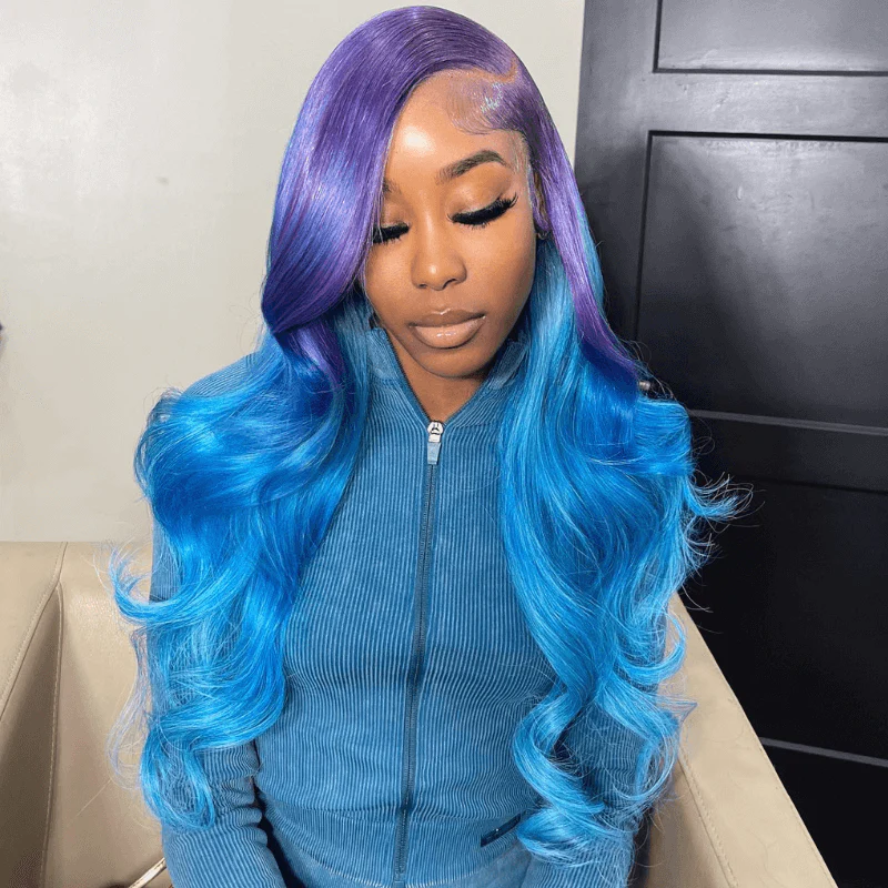 SZC 200 Density Ombre Purple Blue 13x4 HD Lace Frontal Human Hair Wigs - Image 5