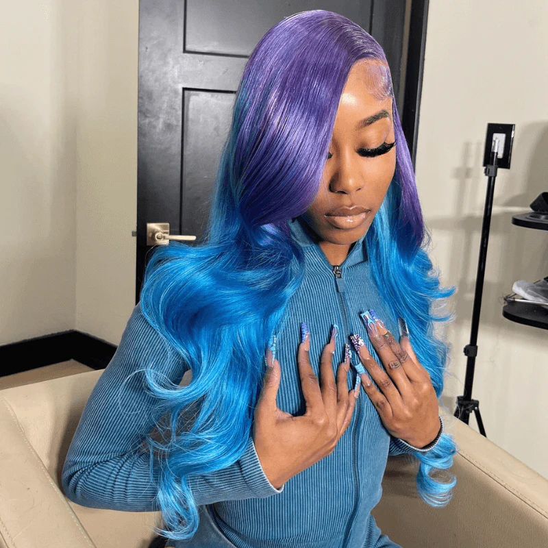 SZC 200 Density Ombre Purple Blue 13x4 HD Lace Frontal Human Hair Wigs - Image 6