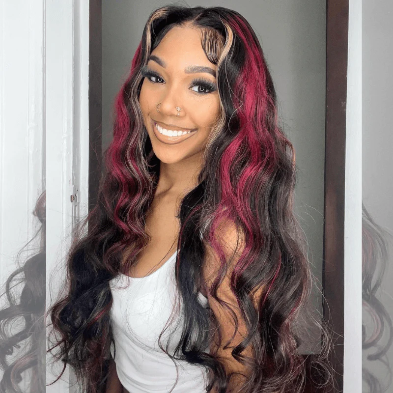 SZC Balayage Black With Red Brown Highlights Lace Front Human Hair Wig - Image 3