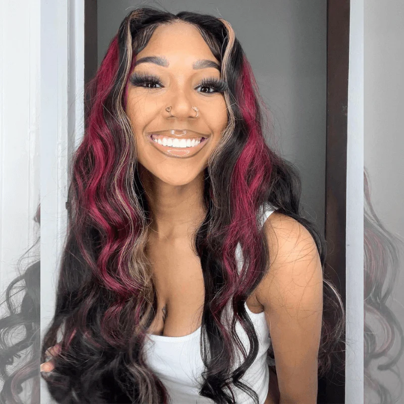 SZC Balayage Black With Red Brown Highlights Lace Front Human Hair Wig - Image 4
