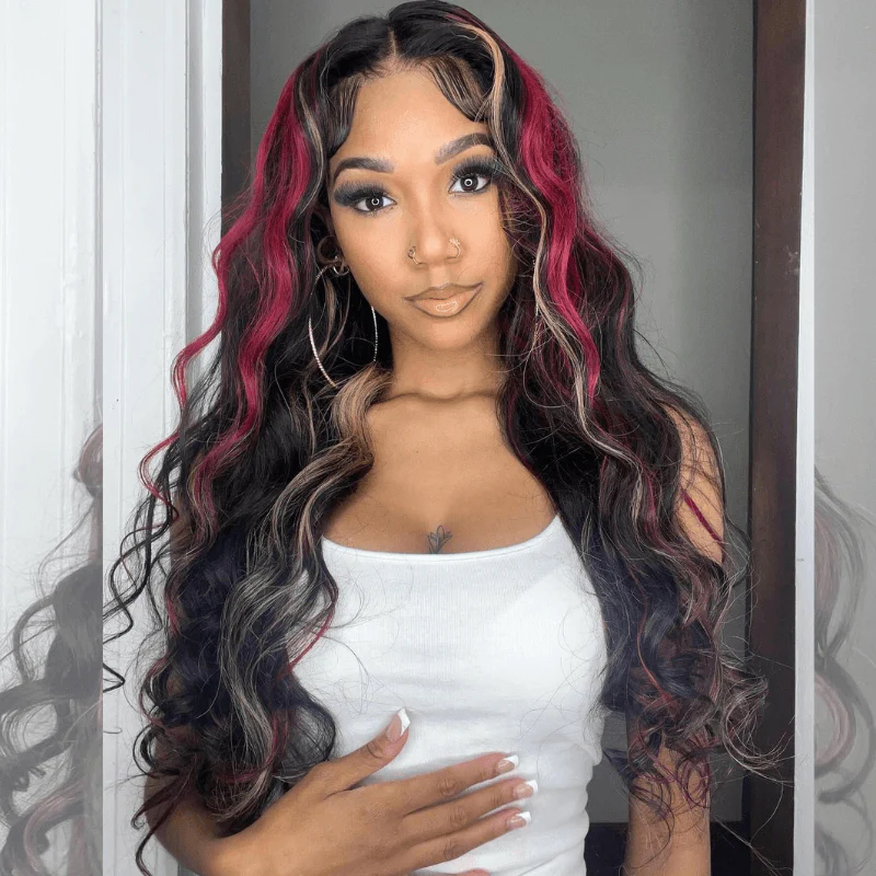 SZC Balayage Black With Red Brown Highlights Lace Front Human Hair Wig - Image 5