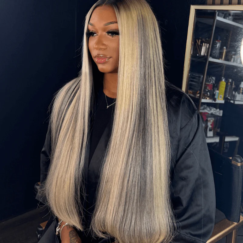 SZC Balayage Blonde Black Highlight Straight Lace Front Human Hair Wig - Image 3