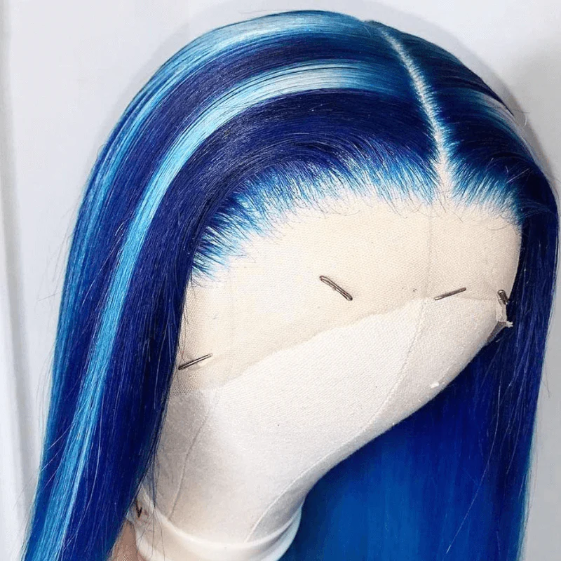 SZC Balayage Dark Light Ocean Blue Money Piece Lace Front Human Hair Wigs - Image 4