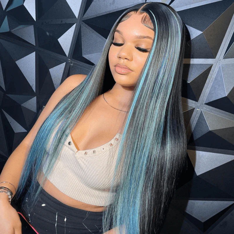 SZC Black With Blue Purple Red Highlight Streaks Lace Front Human Hair Wig - Image 3