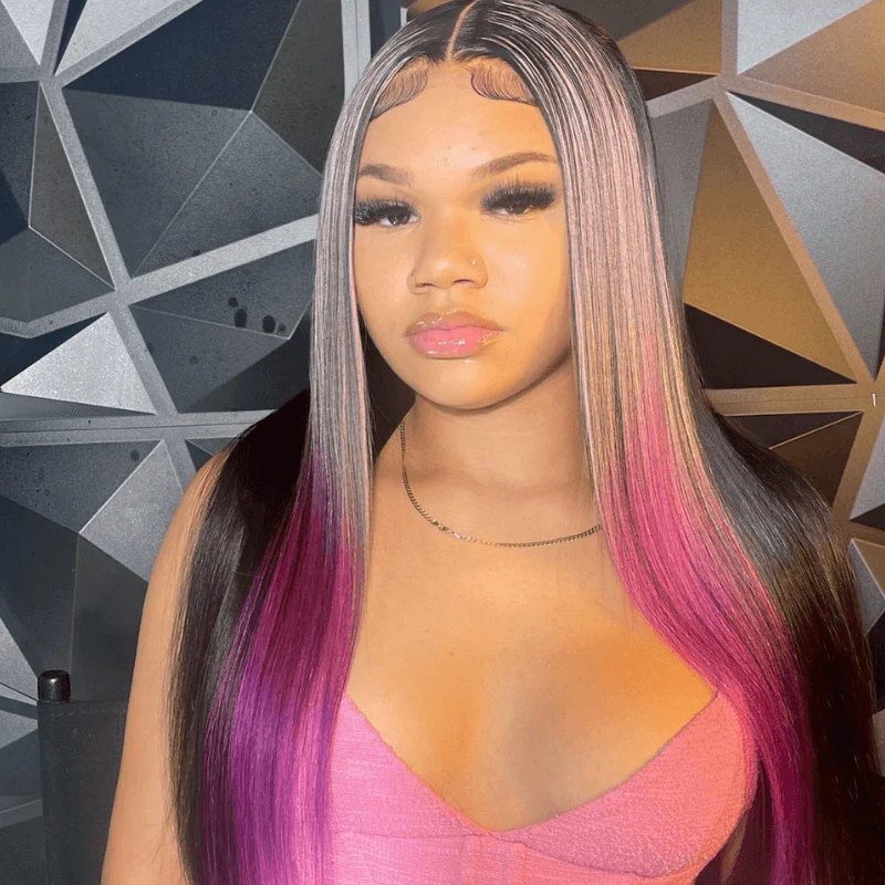 SZC Black With Blue Purple Red Highlight Streaks Lace Front Human Hair Wig - Image 5