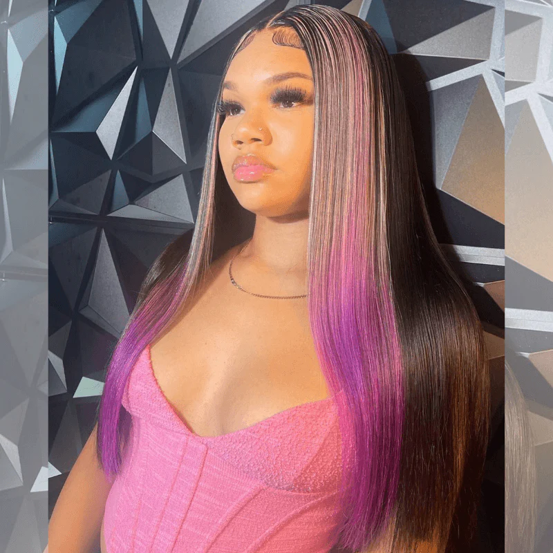 SZC Black With Blue Purple Red Highlight Streaks Lace Front Human Hair Wig - Image 6