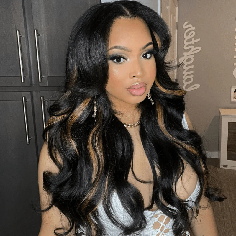 SZC Black With Brown Highlight Streaks 200 Density Virgin Human Hair Wig - Image 4