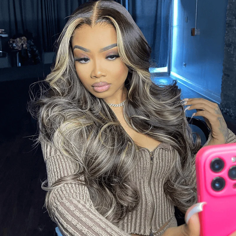 SZC Black With Brown Skunk Stripe Highlights Body Wave Human Hair Wig - Image 3