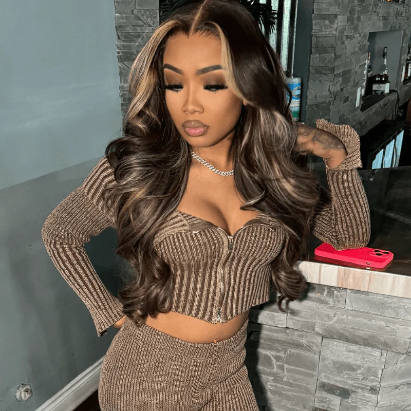 SZC Black With Brown Skunk Stripe Highlights Body Wave Human Hair Wig - Image 4