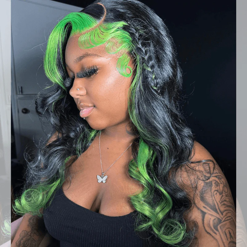SZC Black With Green Skunk Stripe Highlight Lace Front Human Hair Wigs - Image 3