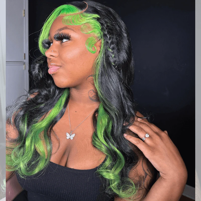 SZC Black With Green Skunk Stripe Highlight Lace Front Human Hair Wigs - Image 4