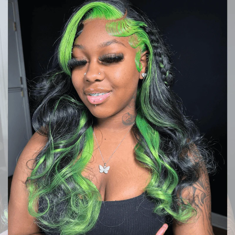 SZC Black With Green Skunk Stripe Highlight Lace Front Human Hair Wigs - Image 5