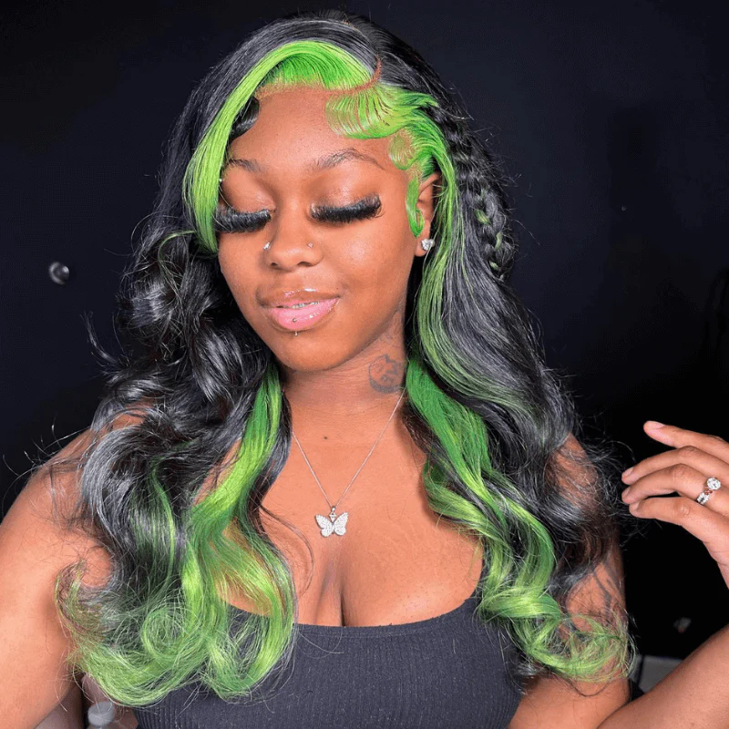 SZC Black With Green Skunk Stripe Highlight Lace Front Human Hair Wigs - Image 6
