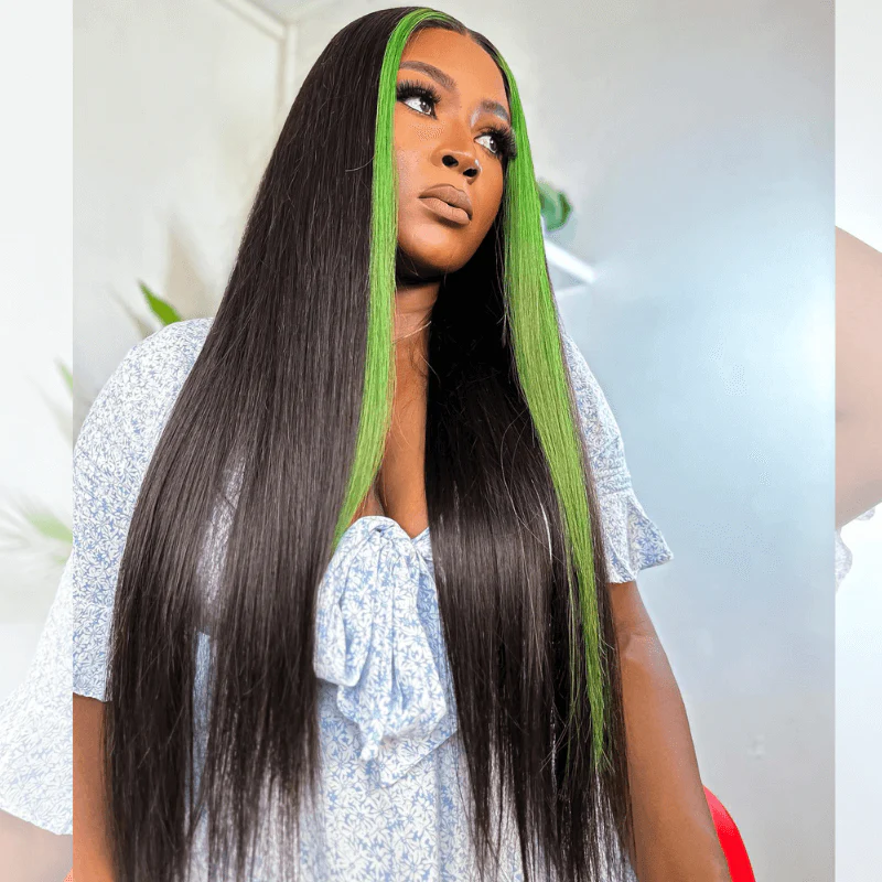 SZC Black With Green Skunk Stripe Straight Virgin Remy Human Hair Wigs - Image 3