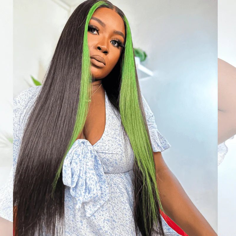 SZC Black With Green Skunk Stripe Straight Virgin Remy Human Hair Wigs - Image 4