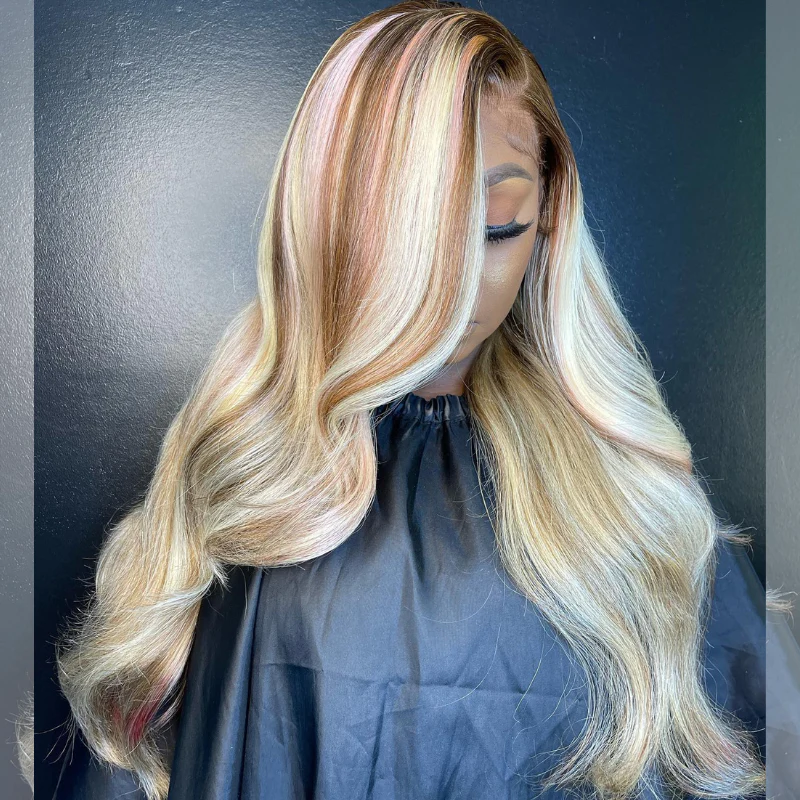 SZC Blonde Color With Brown Pink Highlights Body Wave Lace Front Hair Wigs - Image 3