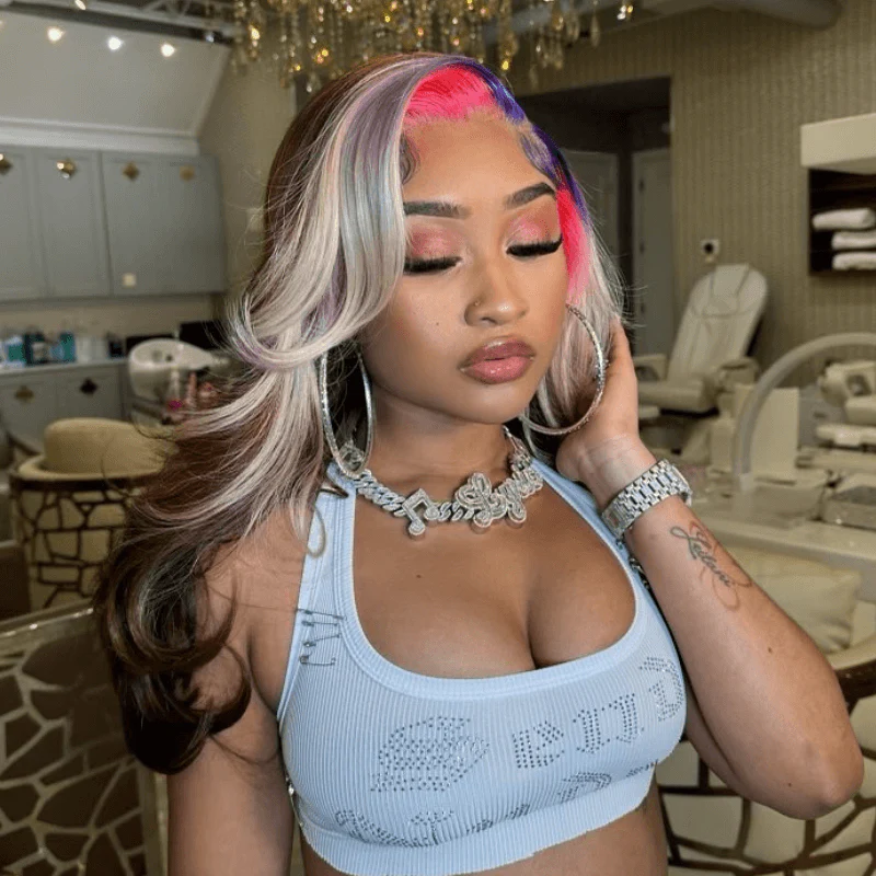 SZC Blue Pink Gray Skunk Stripe Chocolate Brown Lace Front Human Hair Wig - Image 3