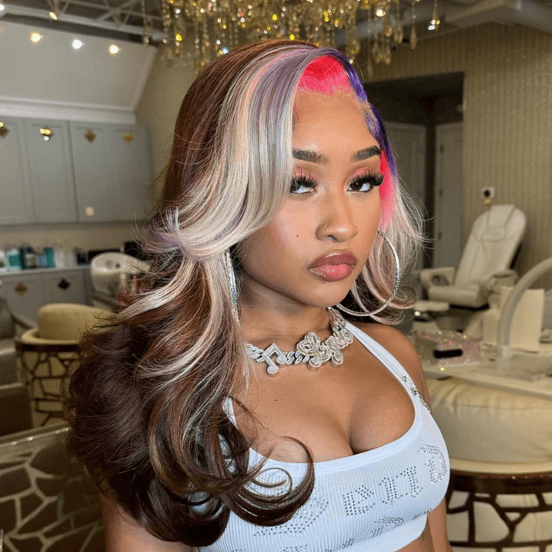 SZC Blue Pink Gray Skunk Stripe Chocolate Brown Lace Front Human Hair Wig - Image 5