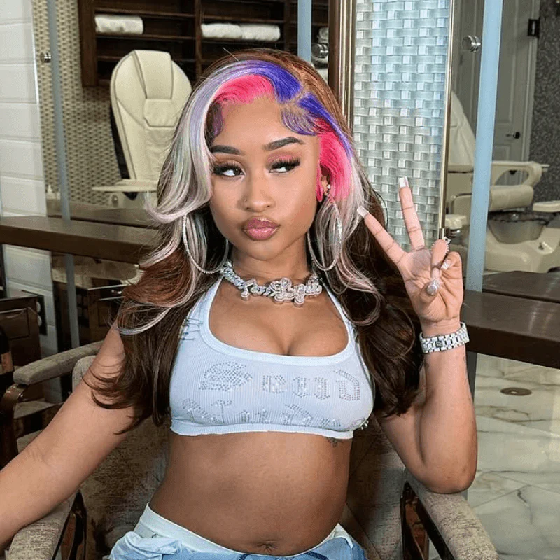 SZC Blue Pink Gray Skunk Stripe Chocolate Brown Lace Front Human Hair Wig - Image 6