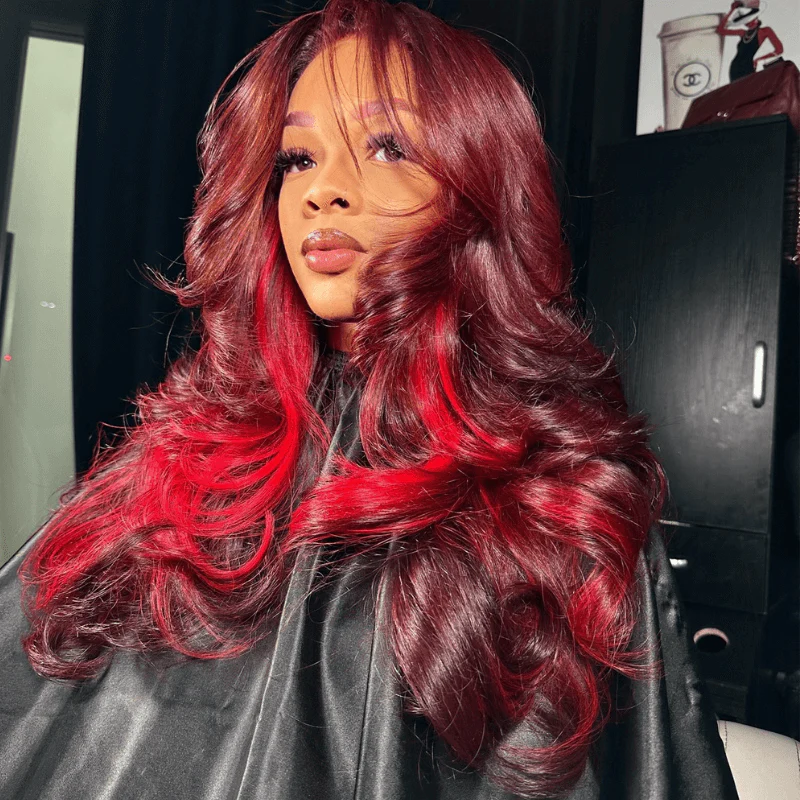 SZC Burgundy Color 13x4 Lace Front Human Hair Wigs With Red Highlights - Image 4