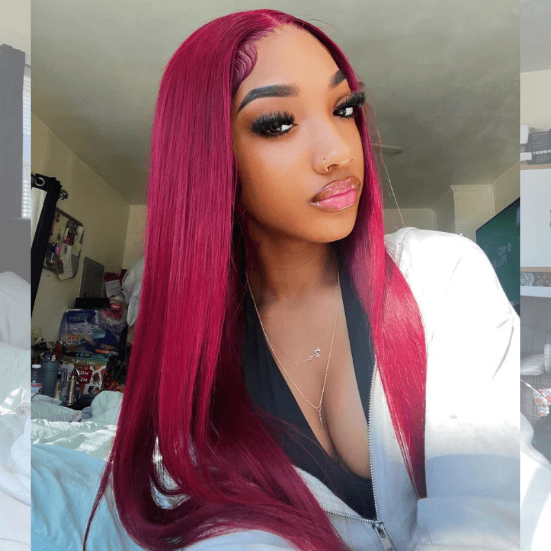 SZC Burgundy Red Bone Straight 13x4 Lace Front Human Hair Weave Wigs - Image 3