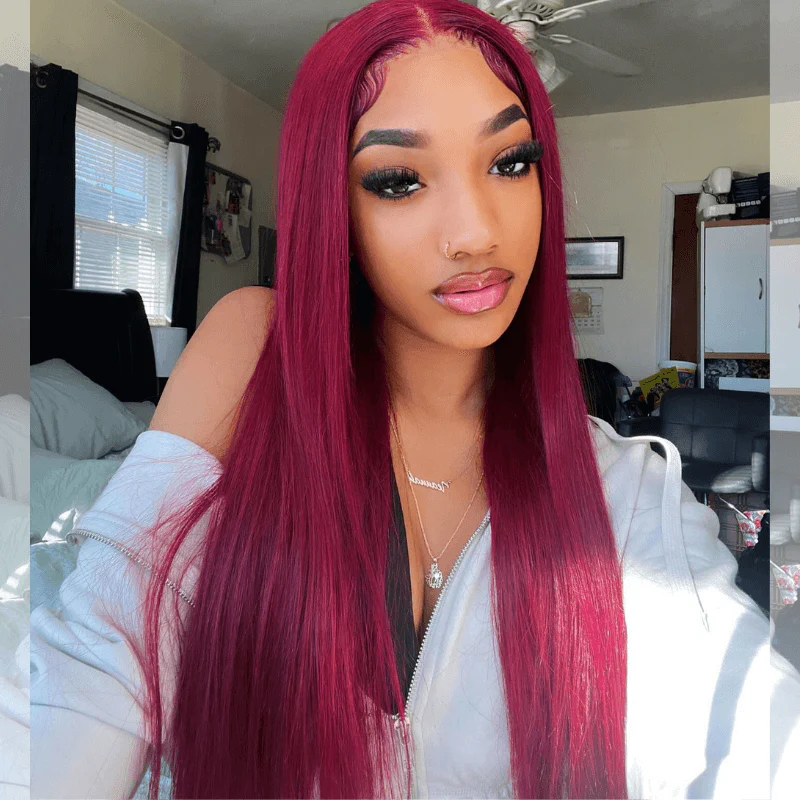 SZC Burgundy Red Bone Straight 13x4 Lace Front Human Hair Weave Wigs - Image 4