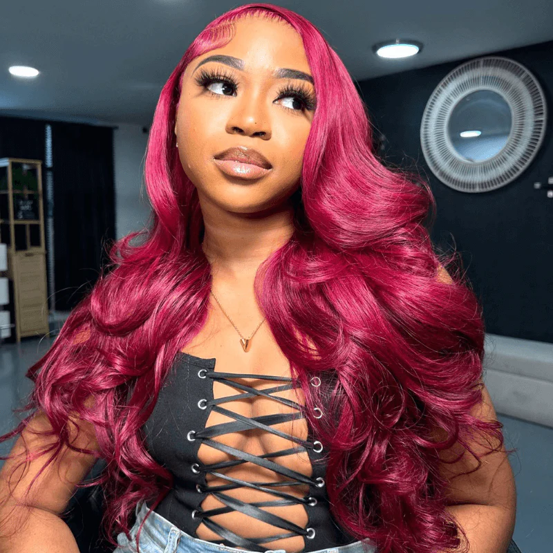 SZC Burgundy Red Color 200 Density 13x4 HD Lace Front Human Hair Wigs - Image 3