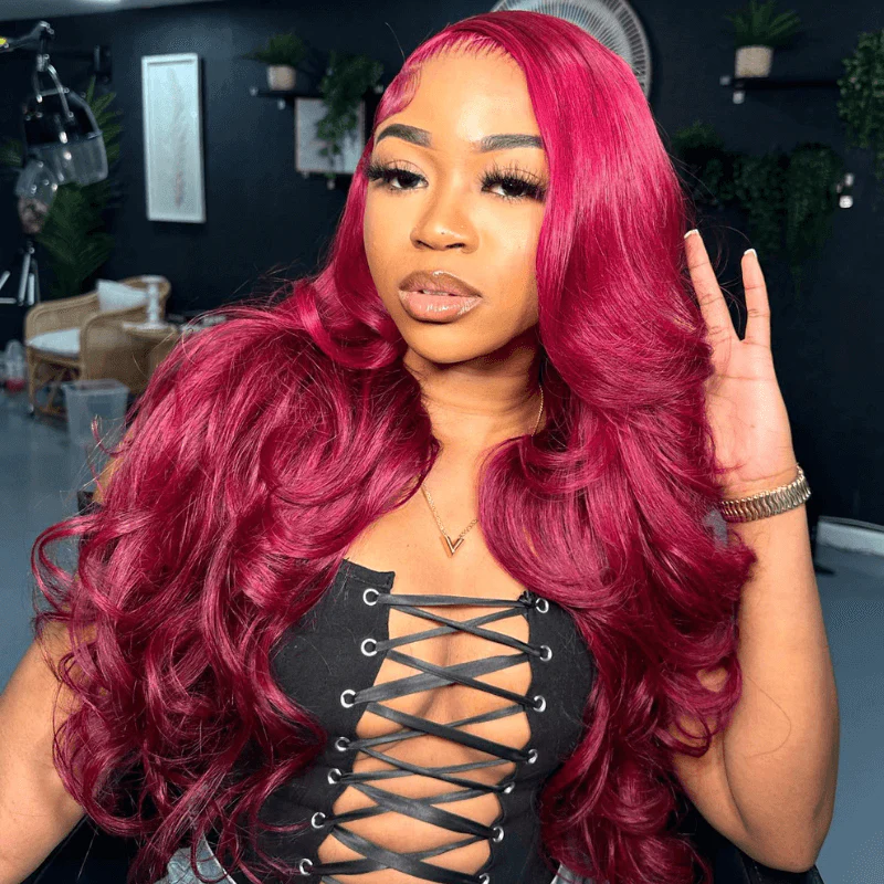 SZC Burgundy Red Color 200 Density 13x4 HD Lace Front Human Hair Wigs - Image 4
