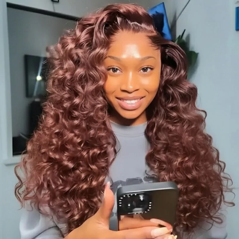 SZC Chocolate Reddish Brown Wand Curls 13x4 Lace Front Human Hair Wigs - Image 4