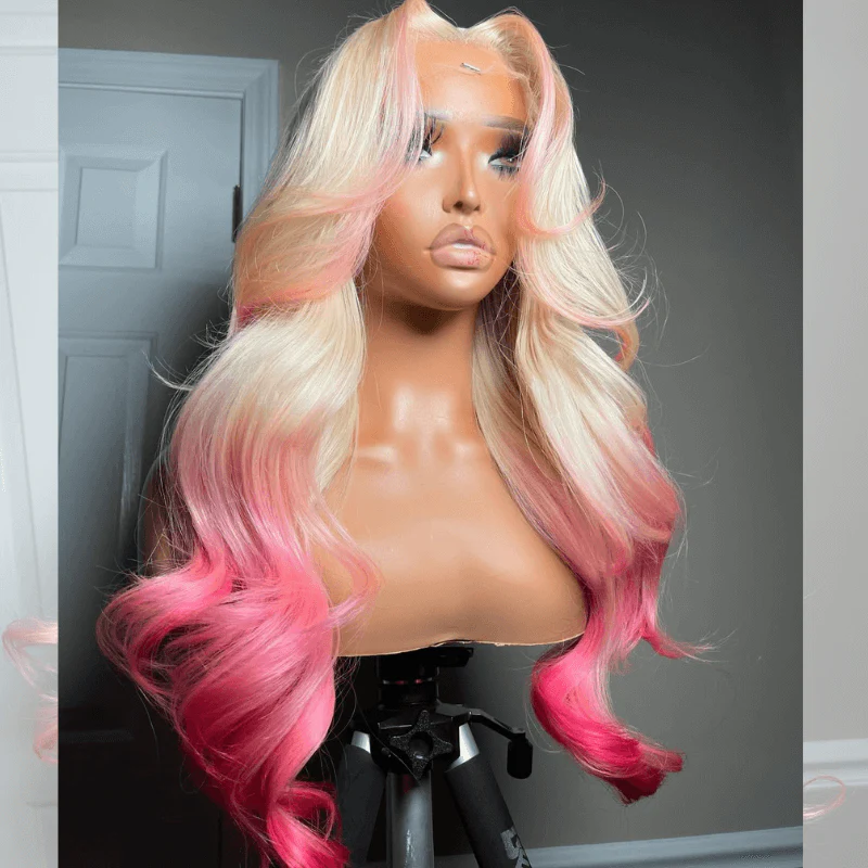 SZC Ombre 613 Blonde Pink Skunk Stripe Lace Frontal Virgin Human Hair Wig - Image 3