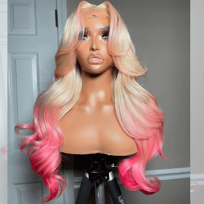 SZC Ombre 613 Blonde Pink Skunk Stripe Lace Frontal Virgin Human Hair Wig - Image 4