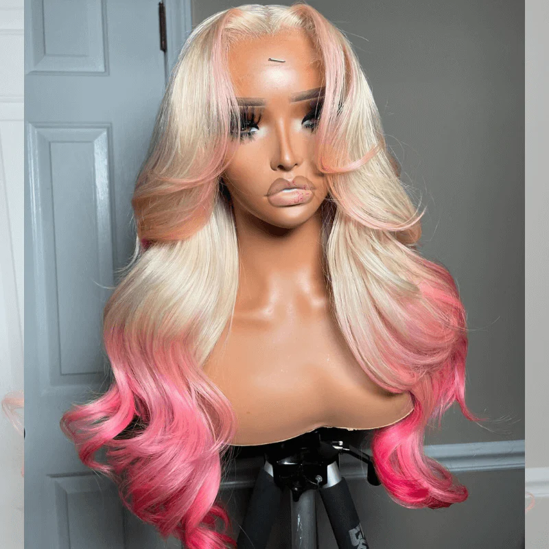 SZC Ombre 613 Blonde Pink Skunk Stripe Lace Frontal Virgin Human Hair Wig - Image 5