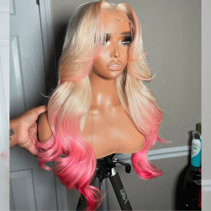 SZC Ombre 613 Blonde Pink Skunk Stripe Lace Frontal Virgin Human Hair Wig - Image 6