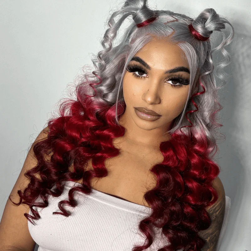 SZC Ombre Gray Red Color 200 Density 13x4 Lace Front Human Hair Wig - Image 3