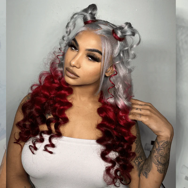 SZC Ombre Gray Red Color 200 Density 13x4 Lace Front Human Hair Wig - Image 4