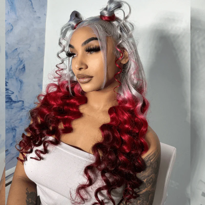 SZC Ombre Gray Red Color 200 Density 13x4 Lace Front Human Hair Wig - Image 5