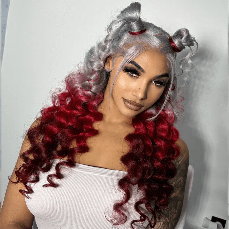 SZC Ombre Gray Red Color 200 Density 13x4 Lace Front Human Hair Wig - Image 6