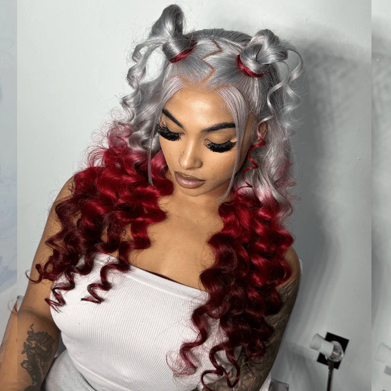 SZC Ombre Gray Red Color 200 Density 13x4 Lace Front Human Hair Wig - Image 7